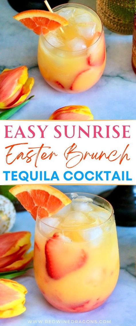 Serve this vibrant sunny strawberry cocktail with orange juice as a festive and easy Easter tequila cocktail for brunch.  #easter #easterbrunch #easterbrunchdrinks #eastertequilacocktail #tequilasunrise #brunchdrinks #easterdrinks Easter Drinks For Adults Pitcher, Tequila Brunch Cocktails, Easter Mixed Drinks, Easy Brunch Drinks, Easter Margarita, Brunch Ideas Drinks, Breakfast Drinks With Alcohol, Easter Drink Ideas, Easter Cocktails Recipes