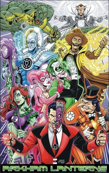 Arkham Lanterns - Two-Face Red Lantern, Poison Ivy Indigo Tribe, Penguin Orange Lantern, Harley Quinn Star Sapphire, Joker Green Lantern, Mr. Freeze Blue Lantern, Scarecrow Sinestro Corp, Killer Croc Black Lantern and Ra's Al Ghul White Lantern. Orange Lanterns, Comic Villains, Univers Dc, Dc Villains, Arte Dc Comics, Dc Comics Characters, Spider Gwen, Detective Comics, Dc Characters