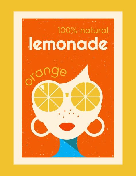 Vector label for lemonade. Retro design of orange lemonade packaging. Girl wearing round glasses in the shape of citrus. Finished illustration for fruit drink Soda Drawing, Lemonade Packaging, Orange Lemonade, Dandelion And Burdock, Citrus Drinks, Food Graphic Design, Fruit Illustration, Drinks Design, Banner Advertising