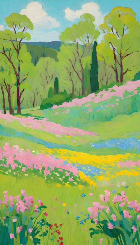 A vibrant tapestry of spring flowers spreads across the hills, framed by lush green trees under a clear sky. Spring Tree Illustration, Spring Landscape Illustration, Flower Field Illustration, Hills Illustration, 2024 Drawing, Spring Landscapes, Grass Illustration, Scenery Art, Spring Illustration