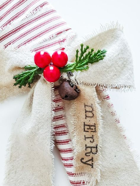 Ticking Fabric Crafts, Ticking Fabric Projects, Ticking Stripe Christmas Decor, Red Ticking Stripe Christmas Tree, Fabric Candy Canes Diy, Burlap Peppermint Sticks Diy, Yarn Wrapped Candy Canes, Diy Candy Canes, Red And White Ticking Christmas