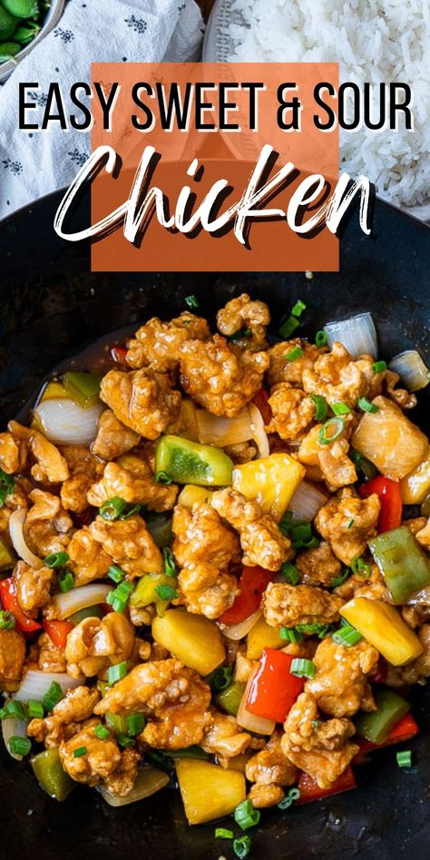 Crispy Sweet and Sour Chicken recipe with a tasty homemade sauce and crisp veggies and fresh pineapple! My family LOVED this one over steamed rice! Panda Express Sweet And Sour Chicken, Stir Fry Recipes Rice, Sweet And Sour Chicken Fried, Sweat And Sour Chicken, Sweet And Sour Chicken Easy, Crispy Sweet And Sour Chicken, Homemade Sweet And Sour Chicken, Homemade Sweet And Sour Sauce, Quick Fried Rice