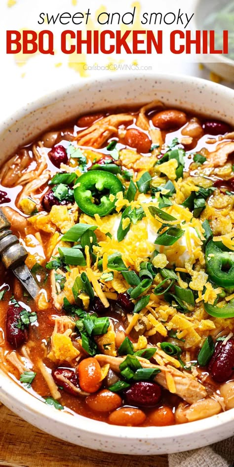 This smoky, sweet and tangy BBQ Chicken Chili is so good, my mom served it on Christmas!  It's literally a dump-and-cook win! #chickenchili #chickensoup #beans #beansoup #soup #souprecipes #souprecipeseasy #dinner #dinnerrecipes #dinnerideas #dinnerideas #recipe #recipeoftheday #recipeideas #recipesfordinner #crockpot #crockpotsoup #crockpotdinner #slowcooker #slowcookersoup #crockpotchili #easyrecipe #easydinner#slowcookersoup Chili With Chicken, Chicken Chili Recipe Easy, Bbq Chili, Chili Slow Cooker, Easy Chicken Chili, Chicken Slow Cooker, Slow Cooker Chicken Chili, Carlsbad Cravings, Chicken Chili Recipe