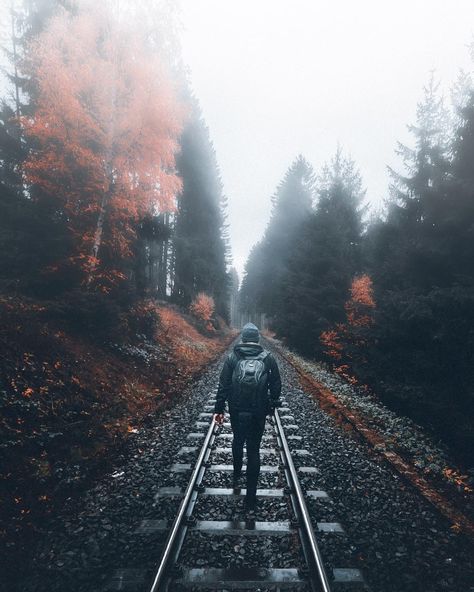 Walking On Train Tracks, Train Tracks Photography, Person Walking, Line Photography, My Good, Train Tracks, The Train, Railroad Tracks, Photography Ideas