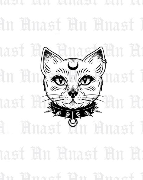 Alternative Cat Tattoo, Cat Skull Outline, Goth Cat Tattoo, Dark Cat Tattoo, Goth Flash Tattoo, Killua Tattoo, Tattoo Gato, Tattoo Apprenticeship, Goth Tattoo