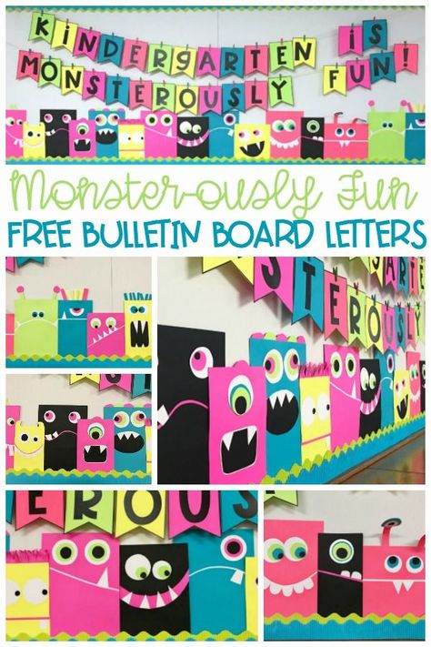 Whether you use it for Halloween or just some Back To School Fun, this Monster-ously easy bulletin board idea is a great way for teachers to greet pre-k, kindergarten or 1st grade students. This post will include DIY instructions for creating these cute, bright-colored monsters and supply you with a free downloadable template for the bulletin board letters. There is even a generic, "School is . . ." version. Brighten up your wall, your hall or you classroom! Monster Theme Bulletin Board Ideas, Classroom Monster Theme, Monster Themed Bulletin Boards, Monsters Bulletin Board Ideas, Monster Classroom Theme Ideas, Monster Bulletin Board Ideas, Monster Bulletin Boards, Easy Bulletin Board, Monster Decor