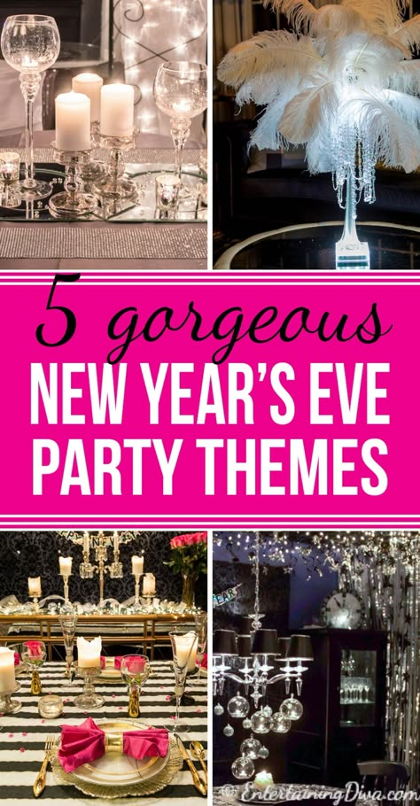 These gorgeous glam New Year's Eve party themes will add some sparkle to your New Year's Eve party decorations. #entertainingdiva #NYEparty #partyideas #partythemes #newyearsevepartyideas #diychristmas Theme For New Years Eve Party, Nye Party Themes, Sparkle Party Theme, New Years Eve Party Themes, Elegant Party Themes, New Years Party Themes, New Year's Eve Party Themes, Nye Party Decorations, New Years Eve Drinks