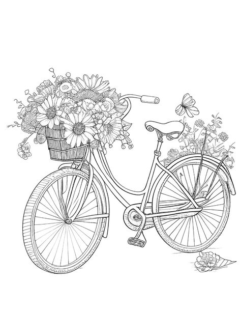 Bicycle Coloring Pages, Flower Coloring Pages For Kids, Bicycle With Flowers, Flower Coloring Sheets, Sunflower Coloring Pages, Printable Flower Coloring Pages, Pastel Sec, Pattern Coloring Pages, Adult Colouring Pages