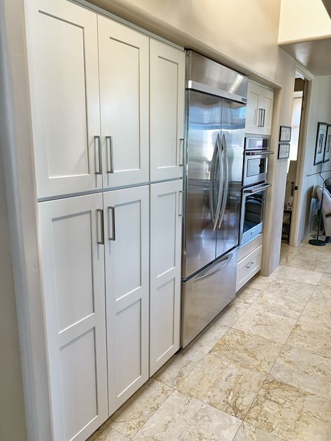 Microwave Fridge Pantry Wall, Wall Oven Kitchen Layout L Shaped, Kitchen Fridge And Pantry Wall, Fridge And Pantry Wall Built Ins, Pantry Wall With Refrigerator, Kitchen Appliance Wall, Built In Refrigerator Wall, Appliance Wall In Kitchen, Pantry Cabinets Around Refrigerator