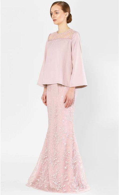 The Kurung Kedah with Full Sakura Lace in Rose | FashionValet Gaun Peplum, Kurung Lace, Malay Clothes, Renda Kebaya, Kurung Modern, Baju Kahwin, Kebaya Modern Dress, Dress Pesta, Lace Dress Design