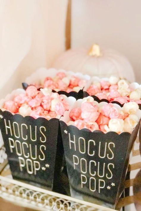 Ghouls are having fun at this pink Halloween Tea Party! Love the pink popcorn! See more party ideas and share yours at CatchMyParty.com Pink Halloween Party Invitation, Preppy Halloween Party Ideas, Pink Orange Halloween Party, Pink Witch Birthday Party, Pink Halloween Party Favors, Pink Halloween Dessert Table, Pink Ghost Halloween Party, Spooky One Food Ideas, Sweet And Spooky Birthday Party