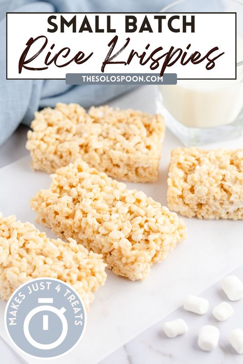 Small Batch Rice Krispie Treats - The Solo Spoon Small Batch Rice Krispie Treats, Small Batch Rice Crispy Treats, Rice Crispy Squares, Recipe For Rice, Rice Krispie Treats Recipe, Rice Crispy Treats Recipe, Batch Recipes, Cereal Mix, Krispie Treats Recipe