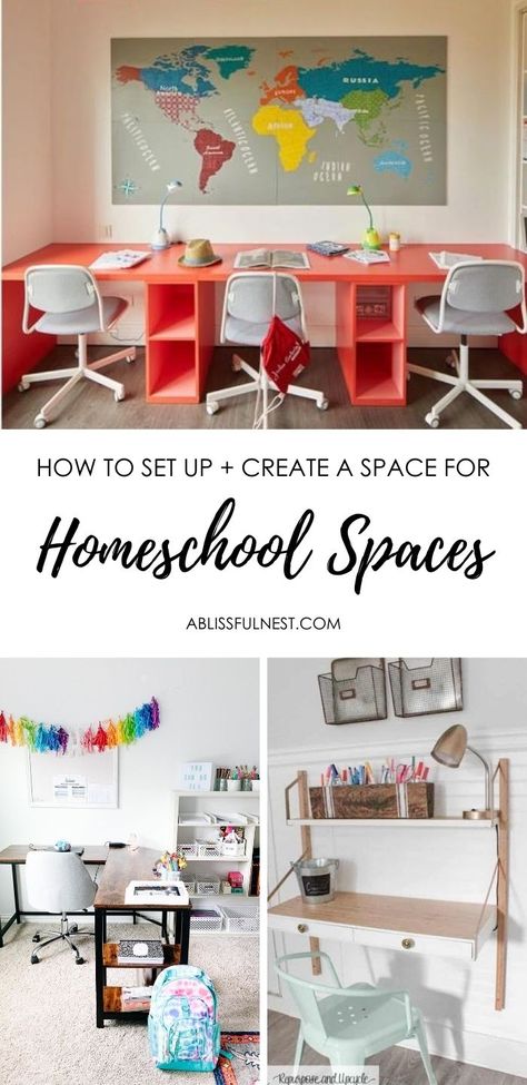 Smart ideas for homeschool spaces. #ABlissfulNest Homeschool Layout, Modern Homeschool Room, Homeschool Desk, Homeschool Room Ideas, Kids Workspace, Homeschool Room, Ikea Desk, Home Decor Hacks, Wall Bookshelves