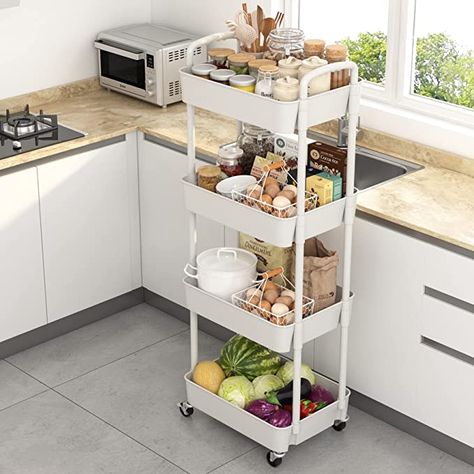 Sywhitta 4-Tier Plastic Rolling Utility Cart with Handle, Multi-Functional Storage Trolley for Office, Living Room, Kitchen, Movable Storage Organizer with Wheels, White. Amazon product/associate Rack In Kitchen, Snack Carts, Trolley Kitchen, Plastic Shelving Units, Movable Storage, Organization Cart, Rolling Utility Cart, Mobile Shelving, Rolling Storage Cart