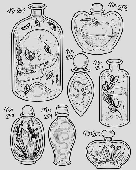 Witchy Bottles Drawing, Witchy Jars Drawing, Witchy Sketchbook Ideas, Witch Style Tattoo, Small Witchy Drawings, Apothecary Jar Tattoo, Witchy Art Inspiration, Witchy Line Tattoo, Simple Potion Bottle Tattoo Design