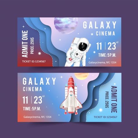 Galaxy ticket template with rocket, astr... | Free Vector #Freepik #freevector #watercolor #hand #template #sky Ticket Illustration Design, Ticket Design Ideas, Galaxy Graphic Design, Space Ticket, Ticket Illustration, Satellite Illustration, Hand Template, Ticket Design Template, Desain Editorial