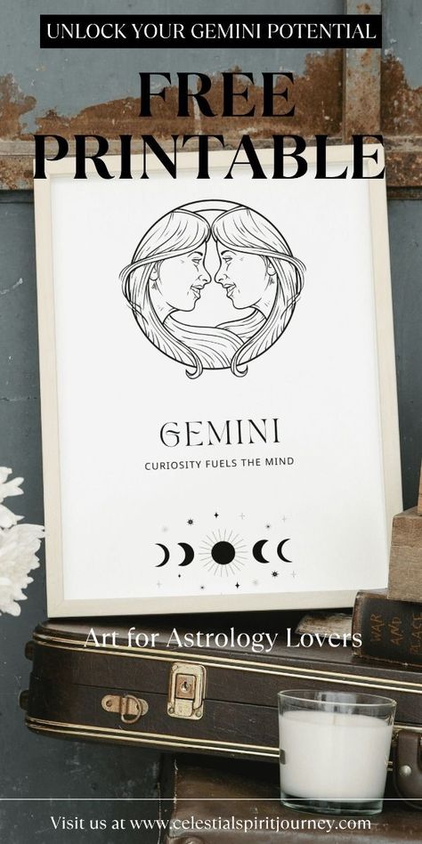 Are you a curious and dynamic Gemini? Download this free Gemini printable to showcase your love for versatility, communication, and duality! Perfect for home decor, a fun gift, or a source of personal inspiration, this printable is designed for every Gemini zodiac sign lover. Let your Gemini traits shine with this free printable art! Gemini printable, free Gemini art, zodiac sign printable, Gemini zodiac sign, Gemini home decor, free astrology printable, Gemini gift idea, Gemini traits. Celestial Spirit, Gemini Symbol, Zodiac Sign Gemini, Gemini Art, Gemini Traits, Gemini Zodiac Sign, Sign Meaning, Numerology Numbers, Astrology And Horoscopes