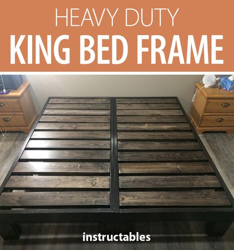 Build a heavy duty king bed frame. #Instructables #workshop #woodshop #woodworking #carpentry #furniture Diy Heavy Duty Bed Frame, How To Build A King Size Platform Bed, Diy King Platform Bed With Storage, Sturdy Bed Frame Diy, Wooden Bed Frame Plans, Diy Sturdy Bed Frame, Diy King Platform Bed Frame Plans, Diy King Size Bed Frame Plans Platform, King Bed Platform Diy