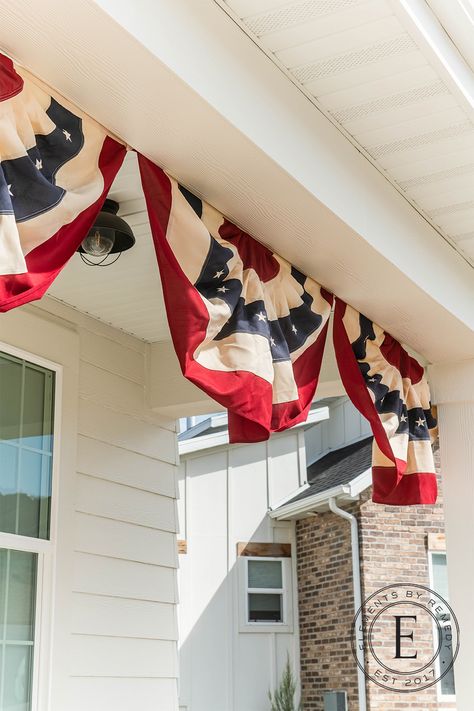 american flag Bunting Flags American Porch, 4th Of July House Decor, Americana 4th Of July, 4th Of July Bunting On House, Vintage Fourth Of July Decorations, Patriotic Bunting On House, 4th Of July Outdoor Decor, American Flag Bunting Porch, 4th July Decor