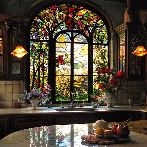 A stained glass kitchen is a vibrant and artistic space where functionality meets timeless beauty. The cabinets and windows are adorned with intricate stained glass panels that catch the light, casting colorful reflections throughout the room. Each piece of stained glass is carefully crafted, featuring patterns inspired by nature, geometric designs, or abstract art, creating a unique and personalized aesthetic. The interplay of light through the glass transforms the kitchen into a dynamic env... Stained Glass Windows Bedroom, Aesthetic Stained Glass Window, Stained Glass Art Aesthetic, House With Stained Glass Window, Stained Glass Shower Curtain, Stain Glass Windows In Homes, Stained Glass In Home, Front Door Stained Glass Window, Stained Glass Windows Aesthetic