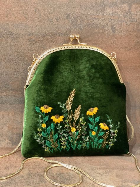 Excited to share this item from my #etsy shop: Green velvet handbag with sunflowers, hand embroidered velvet handbag with flowers, kiss lock vintage style crossbody bag Vintage Bag Pattern, Velvet Handbags, Unique Hair Bows, Hand Made Bag, Velvet Handbag, Velvet Bags, Vintage Style Bag, Embroidered Purse, Bag Embroidery