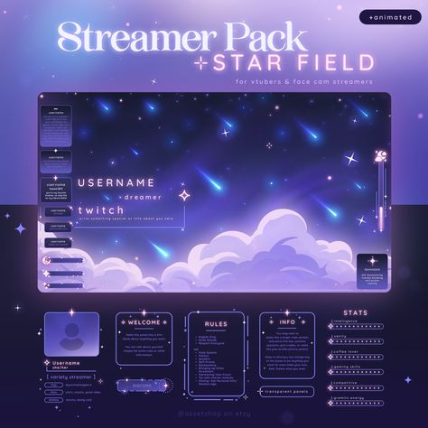 Twitch Stream Package, Themes For Google Slides, Twitch Streaming Overlays, Vtuber Twitch Overlay, Stream Background Ideas, Streamer Layout, Space Emojis, Twitch Banner Ideas, Twitch Themes