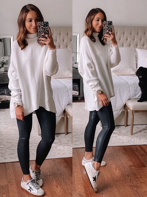 Amazon White Oversized Sweater Leather Leggings Winter Outfit, Sweater Turtleneck Outfit, Leggings Winter Outfit, Leather Leggings Outfit Fall, Leather Leggings Winter, Leather Leggings Plus Size, Faux Leather Leggings Outfit, Leather Tights, Leggings Winter