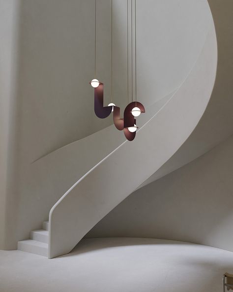 Curved Stairs, Feature Lighting, Sunset Road, Warehouse Conversion, Suspended Lighting, Curved Staircase, Interior Stairs, Ray Eames, Spiral Staircase