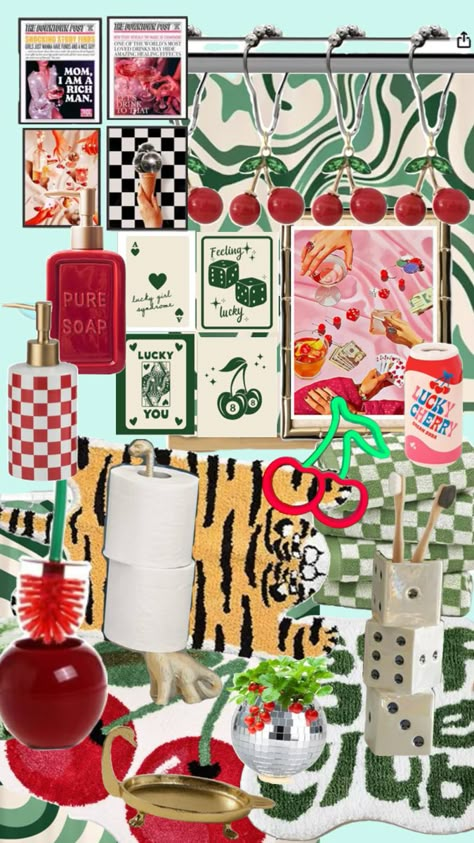 Dream cherry themed bathroom in a vegas bathroom Vegas Bathroom, Playful Bathroom, Retro Aesthetic Room, Bathroom Vibes, Funky Bathroom, Girls Apartment, Green Room Decor, Vintage Vegas, Pink Bathroom Decor