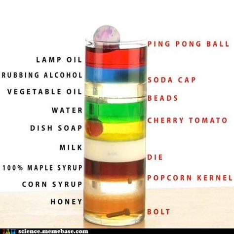 Liquid density and how it interacts with different objects. Seriously handy for a science class! Density Tower, Vetenskapliga Experiment, Steve Spangler Science, Science Labs, Kid Science, At Home Science Experiments, Science Club, Kid Experiments, Fair Projects