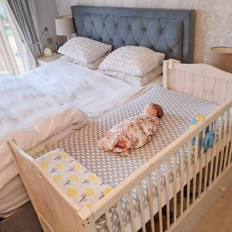 Crib With Bed In Room, Baby Accessories Must Have Cribs & Toddler Beds, Crib Set Up In Parents Room, Crib Set Up, Crib In Master Room Ideas, Baby Box Bed, Baby Bed Ideas Newborns, Cosleeping Bedroom Ideas, Baby In Bedroom With Parents