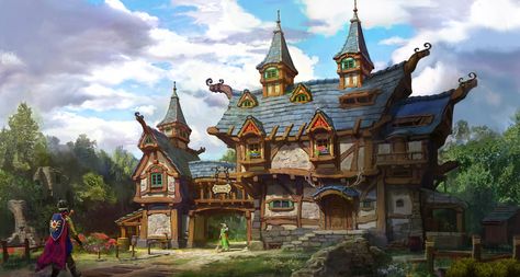 ArtStation - fantasy_inn, dongwoo kim Fantasy Inn Exterior, Fantasy Tavern Exterior, Fantasy Shop Concept Art, Tavern Exterior, Fantasy Civilization, Medieval Inn, Fantasy Inn, Fantasy Tavern, Tiny Glade