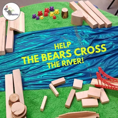 Build a bridge to help the bears! An adult can help support the development of positional language! #aceearlyyears #earlyyears… Bridge Preschool Activities, Stem Ideas Preschool, Steam Group Activities, Highscope Small Group Activities Preschool, Reggio Small Group Activities, Building Bridges Preschool, Bridges Preschool Activities, Gsrp Small Group Ideas, Problem Solving For Preschoolers