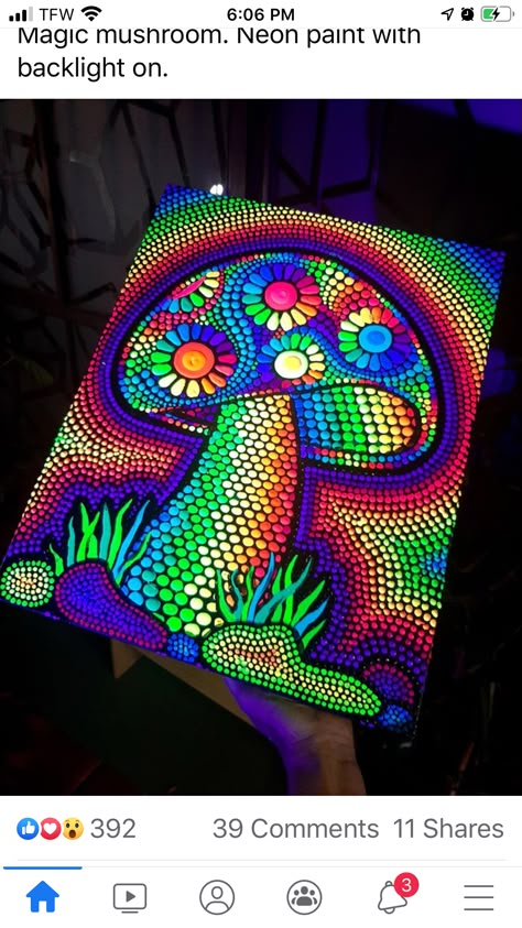 Pointism Art, Puntilismo Ideas, Dot Painting Mushroom, Dot Art Painting Canvases, Indigenous Dot Painting, Acrylic Dot Painting Ideas, Dot Mandalas On Canvas, Trippy Mushroom Painting Aesthetic, Trippy Mandala Painting