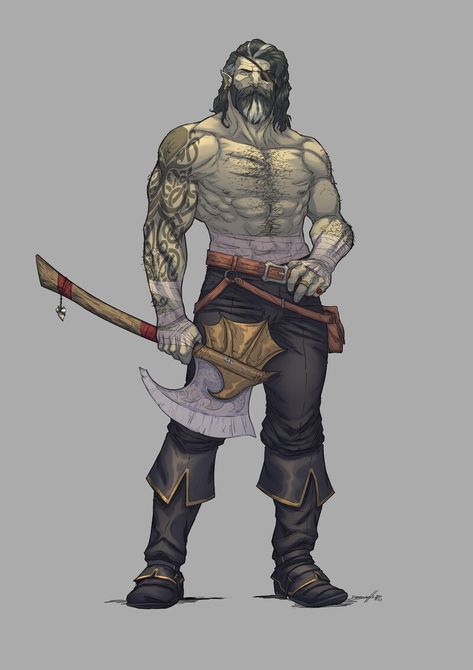 Pirate Barbarian Dnd, Orcs Character Design, Smart Character Design, Pirate Design Character, D&d Character Inspiration, Half Orc Barbarian Male, Goliath Pirate, Pirate Dnd Art, Orc Pirate Captain