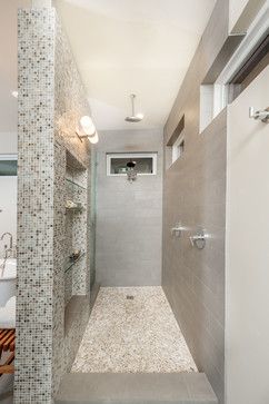 4x6 Walk In Shower Ideas, Doorless Shower Design, Glass Showers, Showers Without Doors, Second Bathroom, Tile Showers, Doorless Shower, Gray Tile, Large Shelf