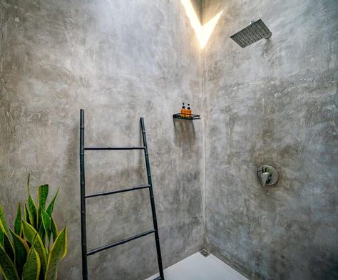 Stucco Shower Walls (Finishes & Designs) - Designing Idea Shower Concrete Wall, Faux Concrete Shower Walls, Concrete Walk In Shower No Door, Stucco Walls Bathroom, Bathroom Concrete Wall, Lime Wash Shower Walls, Stucco Kitchen Walls, Paint For Shower Walls, Concrete Shower Walls Diy