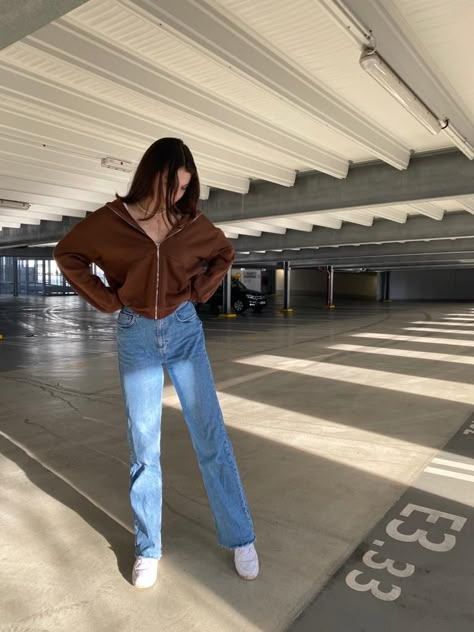 Shy Girl Aesthetic Outfit, Brown Zip Up Outfit, Shy Girl Outfits, Shy Girl, Brown Zip Ups, Zipper Jeans, Aesthetic Fits, Shy Girls, Outfit Aesthetic