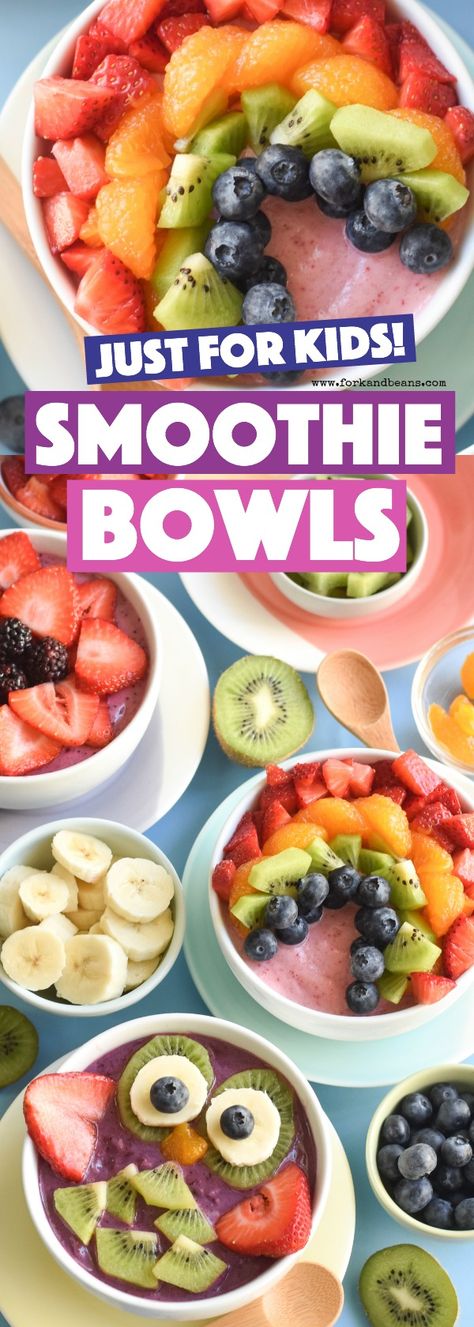 Make your family's favorite breakfast by turning frozen fruit and yogurt into these Smoothie Bowls kids will love (with instructions for 3 FUN designs). Smoothie Bowl For Kids, Vegan Breakfast For Kids, Healthy Breakfast Smoothies For Kids, Frozen Fruit Bowls, Yogurt Smoothies For Kids, Smoothie Bowl Kids, Kids Breakfast Smoothies Healthy, Smoothies For Kids With Veggies, Toddler Veggie Smoothie