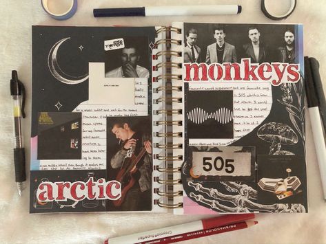 Arctic Monkeys Journal Page, Arctic Monkeys Scrapbook, Arctic Monkeys Sketchbook, Goth Scrapbook Ideas, Arctic Monkeys Diy, Arctic Monkeys Drawing Ideas, Concert Scrapbook Ideas, Music Journal Pages, Concert Journal