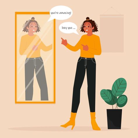 Girl practicing positive self talk for self care Positive Self Talk, Cartoon Drawing, Self Talk, Emotional Intelligence, Sales And Marketing, Cartoon Drawings, Self Care, Vector Art, Vector Free