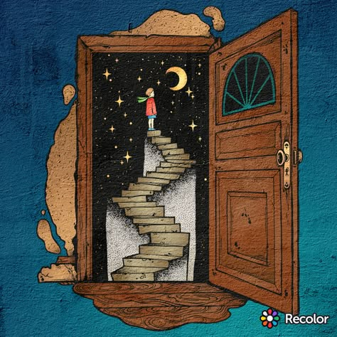 Door Paintings On Canvas, Wall Painting Competition, Door To Heaven Drawing, Drawing Of Heaven, Drawing For Art Competition, Open Doorway Drawing, Stairway To Heaven Painting, Heaven Art Aesthetic, Heaven Sketch