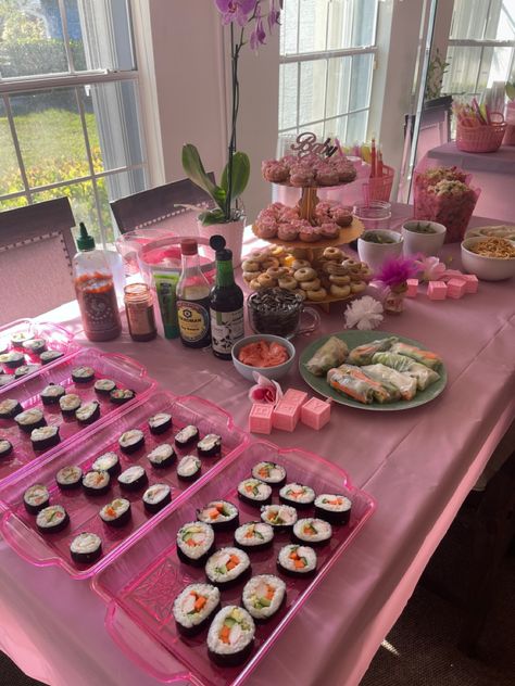 Bridal Shower Sushi Bar, Sushi Bar Birthday Party, Sushi Bday Party, Sushi Baby Shower Theme, Boba Donut, Pink Birthday Party Food, Sushi Bar Party, Sushi Birthday Party Ideas, Sushi Party Ideas