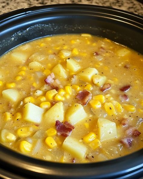 Slow Cooker Amish Corn Chowder, Amish Snow Day Soup, Snow Day Soup, Corn Potato Soup, Amish Soup, Amish Corn, Crockpot Corn, Hearty Soup Recipes, Creamy Soups