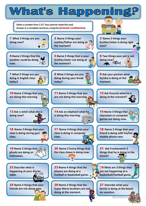 Present Continuous Cards - English ESL Worksheets Choose A Number, Speaking Activities Esl, Speaking Activities English, Present Continuous Tense, Present Continuous, English Exercises, Conversation Cards, Conversational English, Speaking Activities