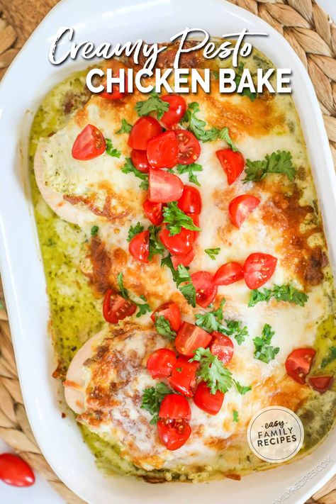 SAVE THIS RECIPE! This is our favorite easy chicken dinner! Chicken with Pesto Cream Sauce takes less than 30 minutes to make and kids and adults both love it! It uses chicken breast and makes a super easy cream sauce using pesto to give it an extra boost of flavor. This easy family dinner is delicious enough to serve to company and simple enough to make on a busy weeknight. This easy chicken dinner with cheese and pesto is a winner! Chicken With Pesto Recipes, Pesto Cream Cheese Chicken, Baked Chicken Pesto, Chicken Recopes, Pesto Chicken Recipes, Chicken Pesto Bake, Easy Cream Sauce, Cheesy Pesto Chicken, Pesto Chicken Bake