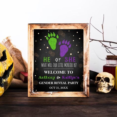 Little Monster Halloween Gender Reveal Party Poster Witch Or Warlock Gender Reveal, Witch Gender Reveal Ideas, Witch Gender Reveal, Halloween Gender Reveal Party, Welcome Sign Halloween, Halloween Chalkboard, Halloween Gender Reveal, Monster Halloween, Party Welcome Sign