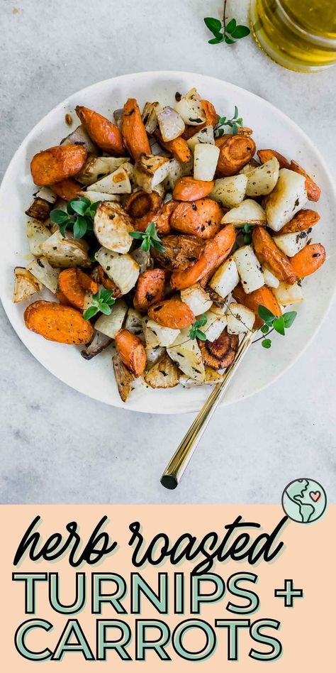 Herb Roasted Turnips and Carrots, a simple sheet pan baked root vegetable recipe with only five ingredients and ready in only 30 minutes. This simple roasted vegetable recipe is perfect as a side dish or as a topping for salads and grain bowls. It's vegan, gluten-free, and allergy-friendly. We hope you like it as much as we do! Turnips And Carrots, Roasted Turnips, Root Vegetables Recipes, Turnip Recipes, Vegetable Recipe, Grain Bowls, Pasta Side Dishes, Roasted Vegetable Recipes, Vegan Thanksgiving Recipes