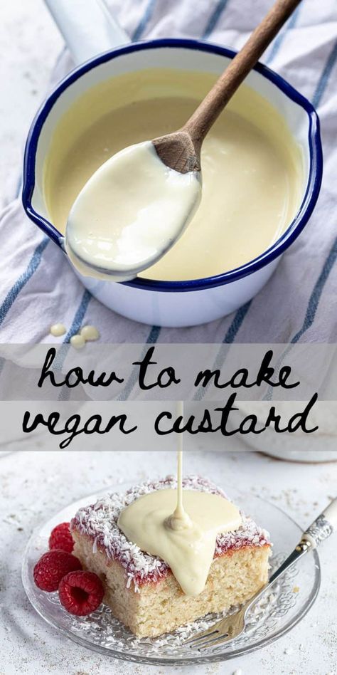 Pinterest collage image. Vegan Custard Cake, Vegan Vanilla Custard, Vegan Custard, Pinterest Collage, Vegan Pudding, Plant Based Desserts, Food Experience, Vegan Sauces, Vanilla Custard