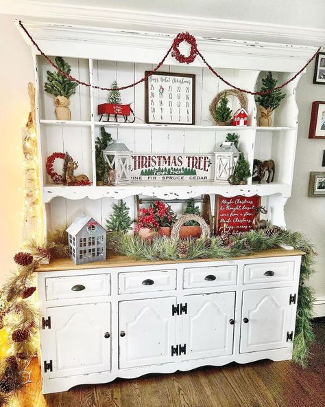 christmas decor inspiration 24 Christmas Hutch Decor, Indoor Christmas Decor Ideas, Bar Christmas Decor, Hutch Bar, Sleigh Decorations, Christmas Hutch, Christmas Sleigh Decorations, Magnolia Leaf Garland, Christmas Interior Decor